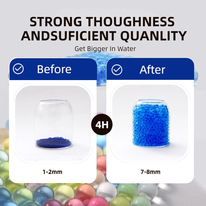 Before and after comparison of blue gel beads in a container with text about strength and quantity.