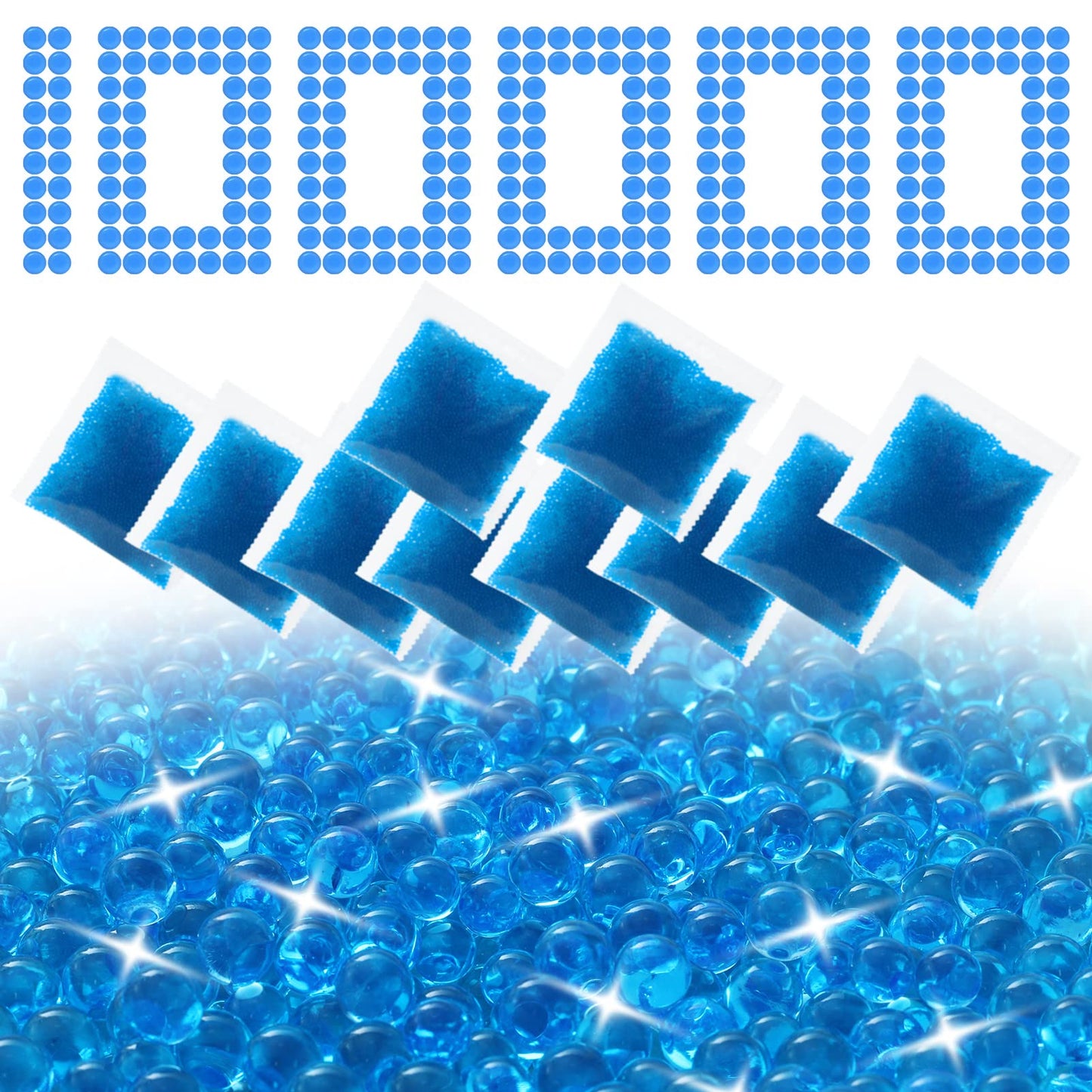 Blue gel beads and foam filters on a white background with '100% Pure' text.
