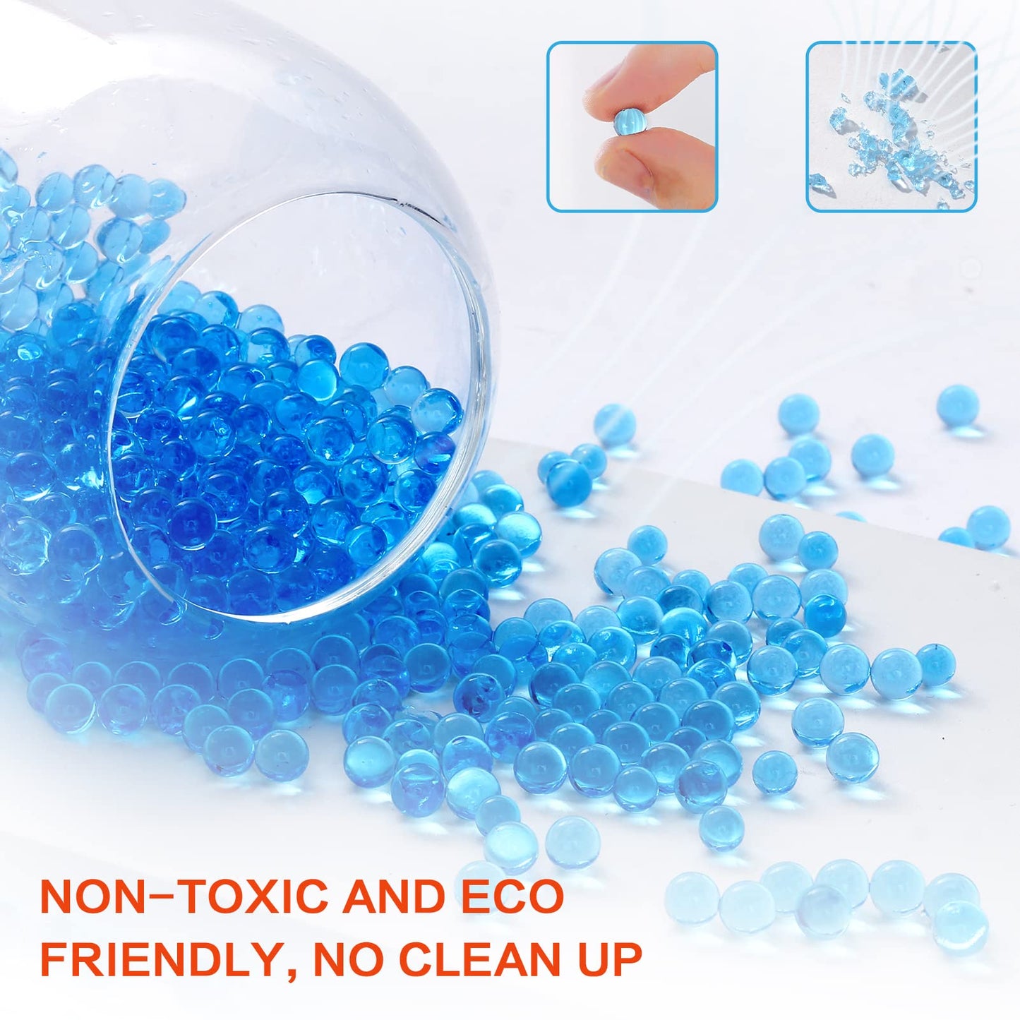 Blue gel beads spilling out of a container with text 'Non-toxic and eco-friendly, no clean up' on a white background.