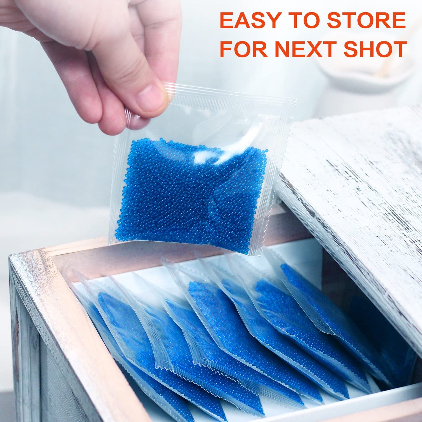 Blue sponge-like product being taken out of a clear plastic bag with text 'EASY TO STORE FOR NEXT SHOT' above.