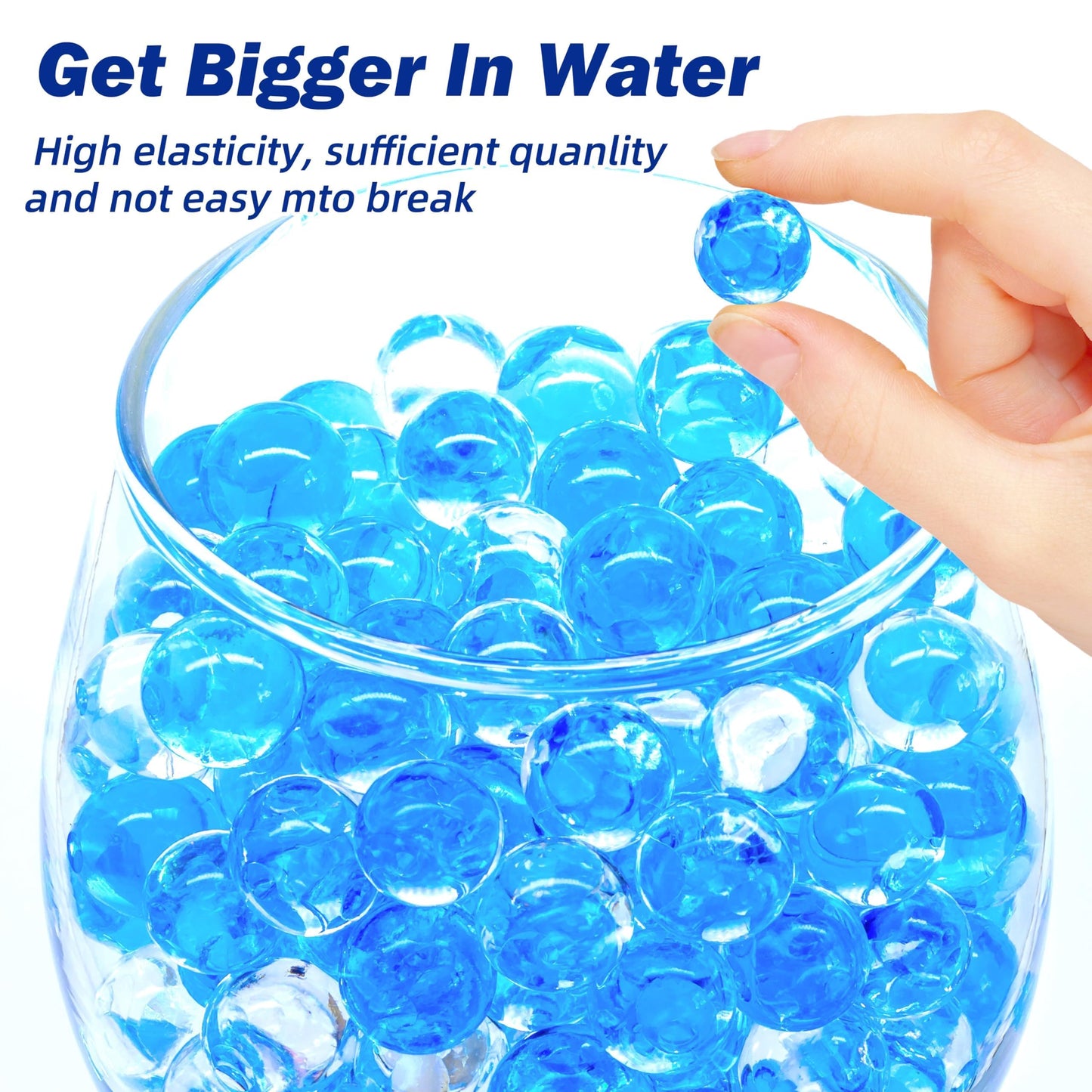 Blue gel beads in a clear container with a hand holding one bead, text about properties of the beads.