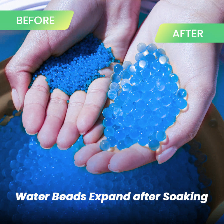 Before and after comparison of blue water beads expanding in the hands.