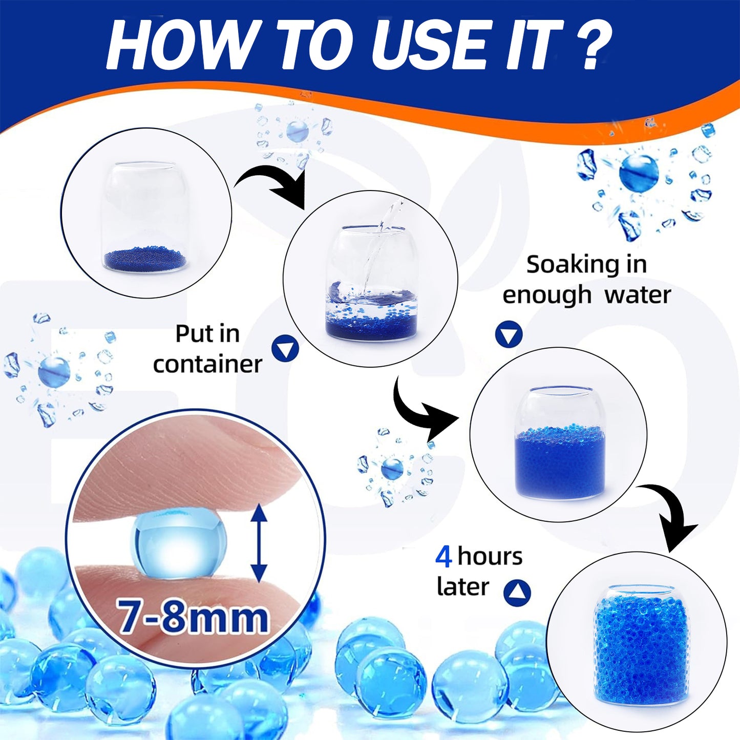 Instructions on how to use blue gel beads with text and diagrams.
