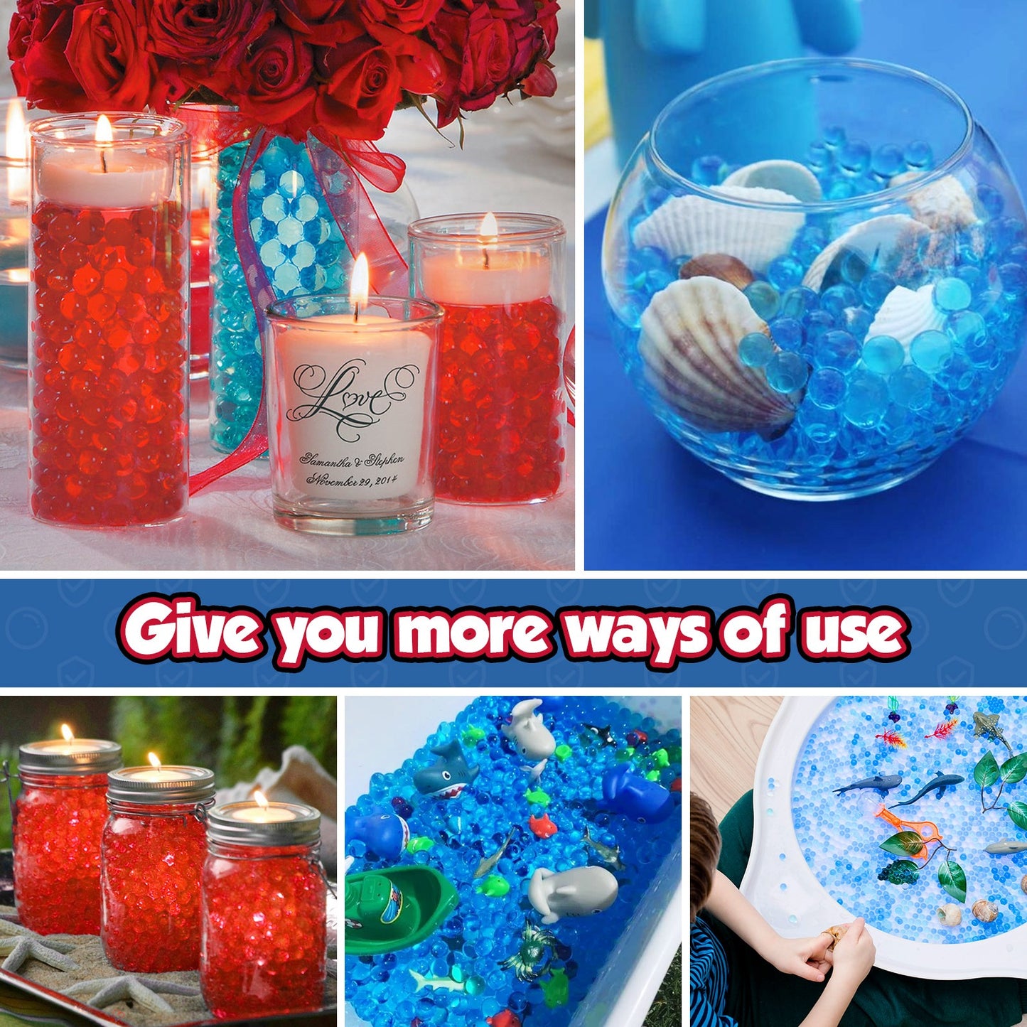 Collage of various uses for red and blue decorative items, including candles, water beads, and a sensory bin.