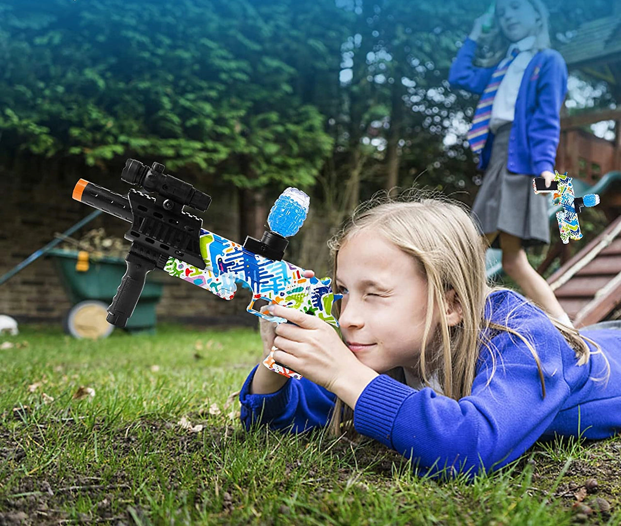 Children playing with toy guns using biodegradable gel balls in a backyard