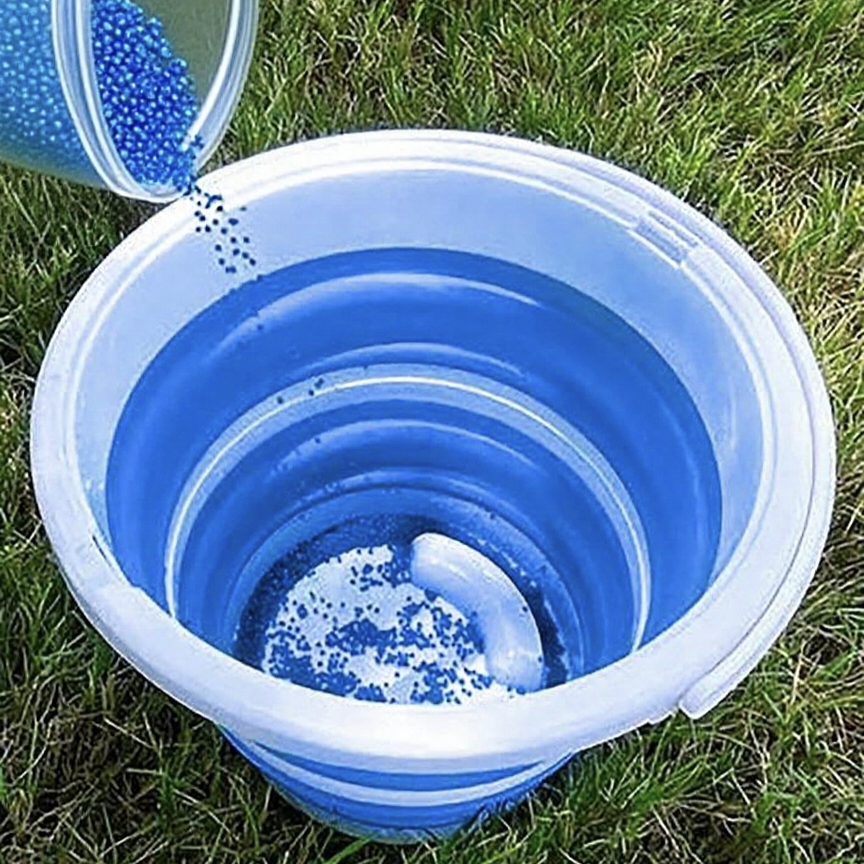 Place the gel blaster bullets in the blue bucket.