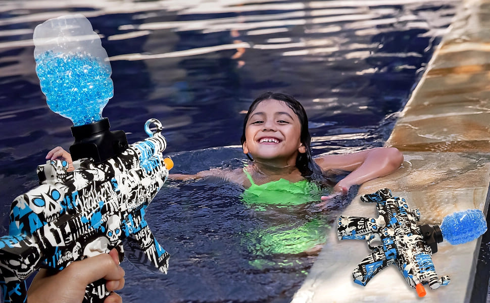 Children playing water fight with Gel Blaster Ammo in a swimming pool
