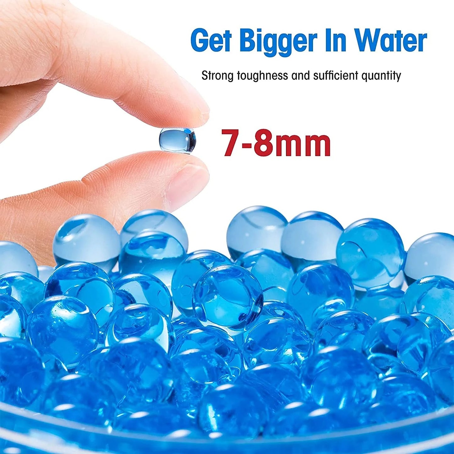 Blue gel beads with a hand holding one, text indicating size and properties.