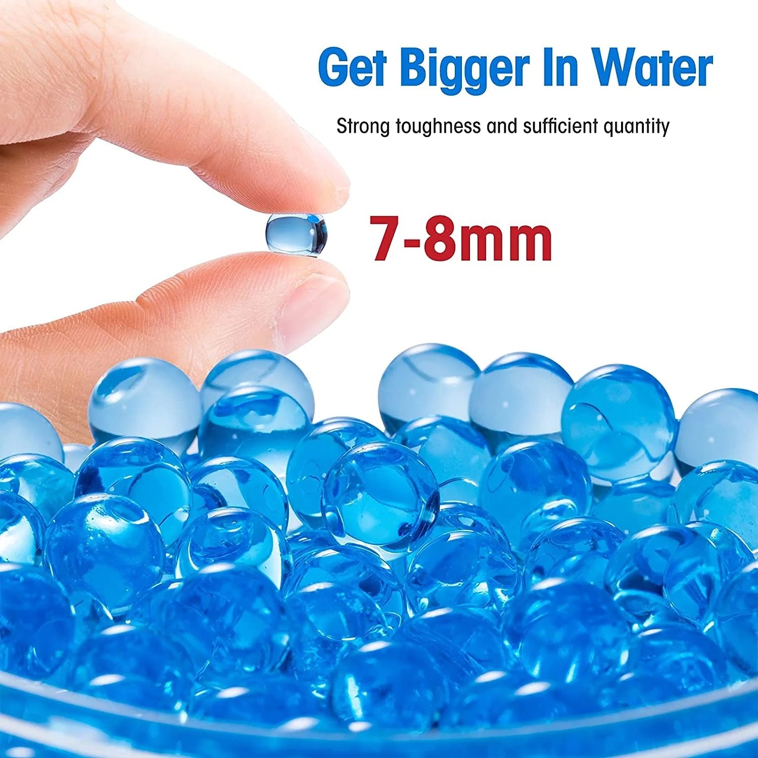Blue gel beads with a hand holding one, text indicating size and properties.