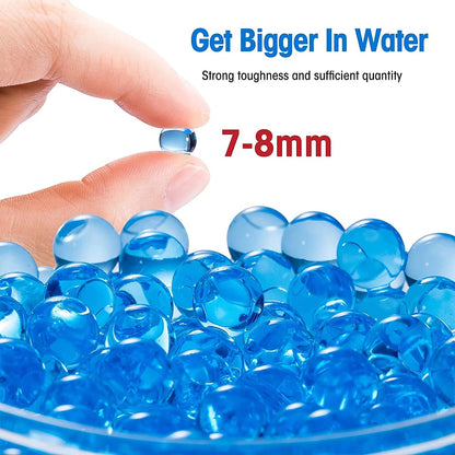Blue gel beads with a hand holding one, text indicating size and properties.