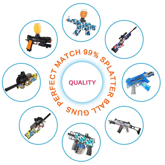 Circular arrangement of various toy guns with text highlighting 'Perfect Match', '99% Splatter', and 'Quality'.