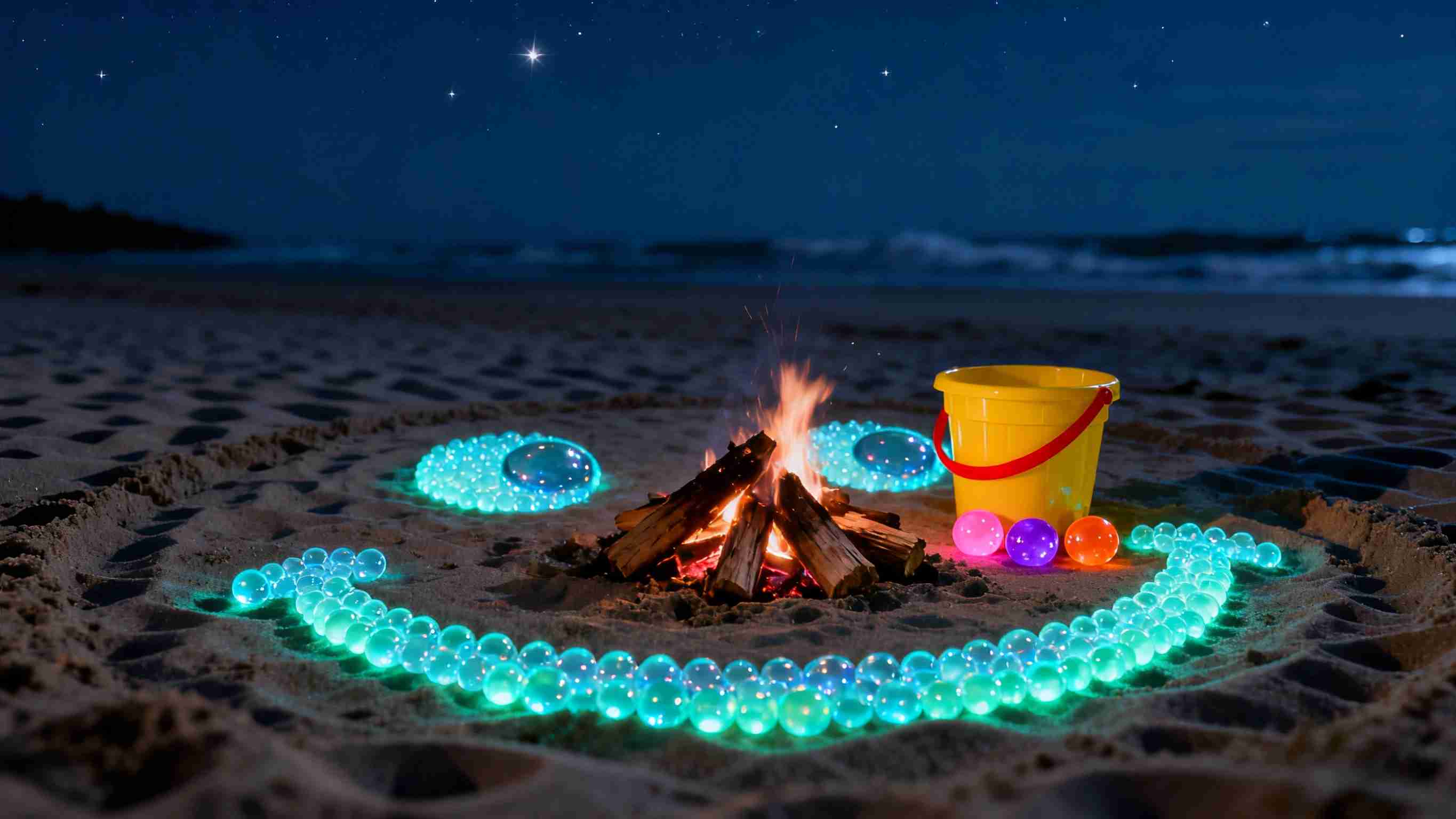 Campfire on a beach with glowing beads and a bucket under a starry night sky.