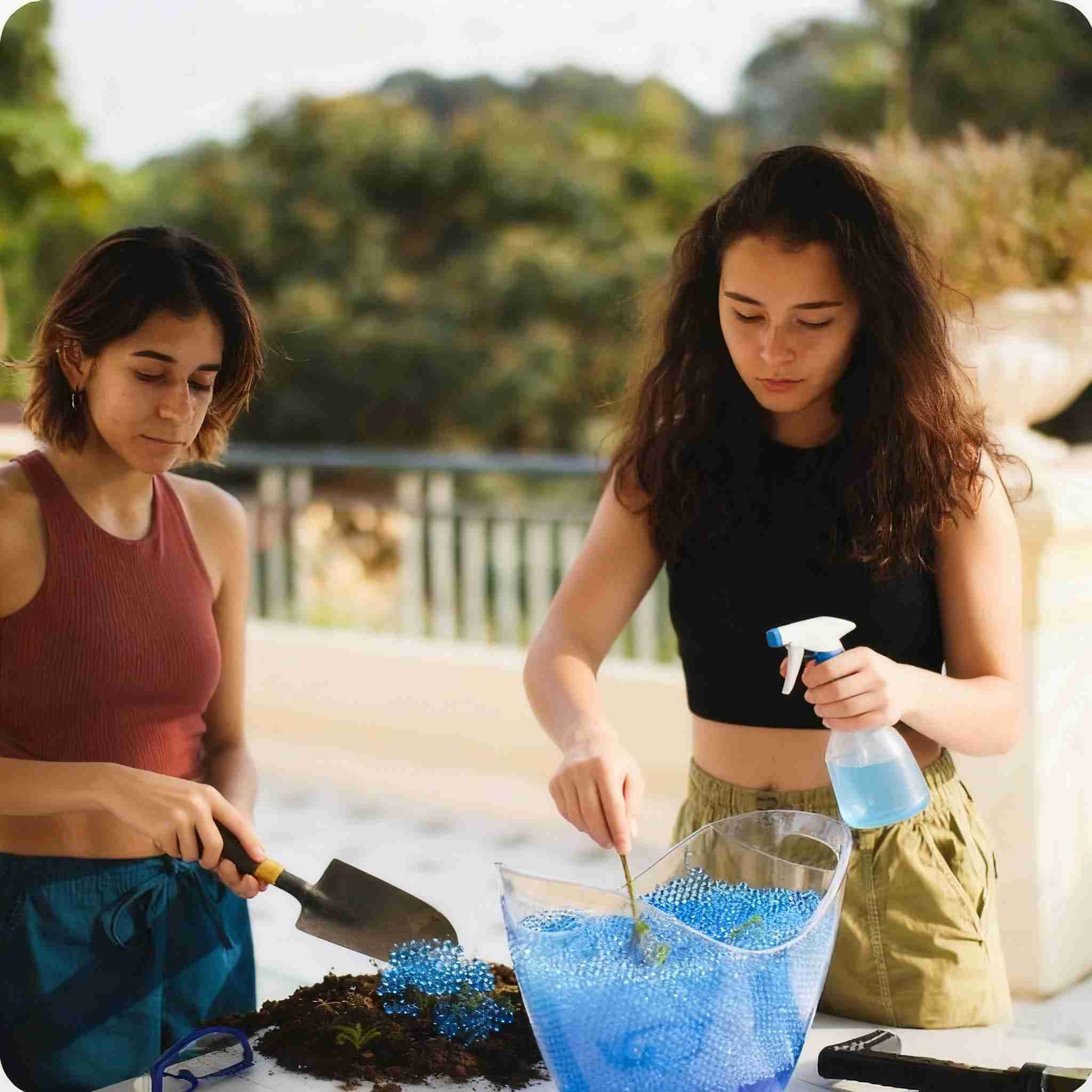 Two women outdoors, one using a trowel and the other with a spray bottle near a container of blue beads.