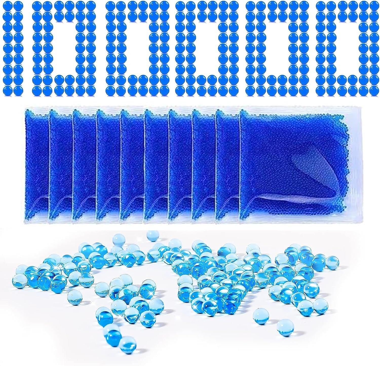 Blue foam pads, blue beads, and a blue mesh bag on a white background