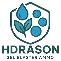 Logo of HDRASON Gel Blaster Ammo with blue droplets and leaves on a white background