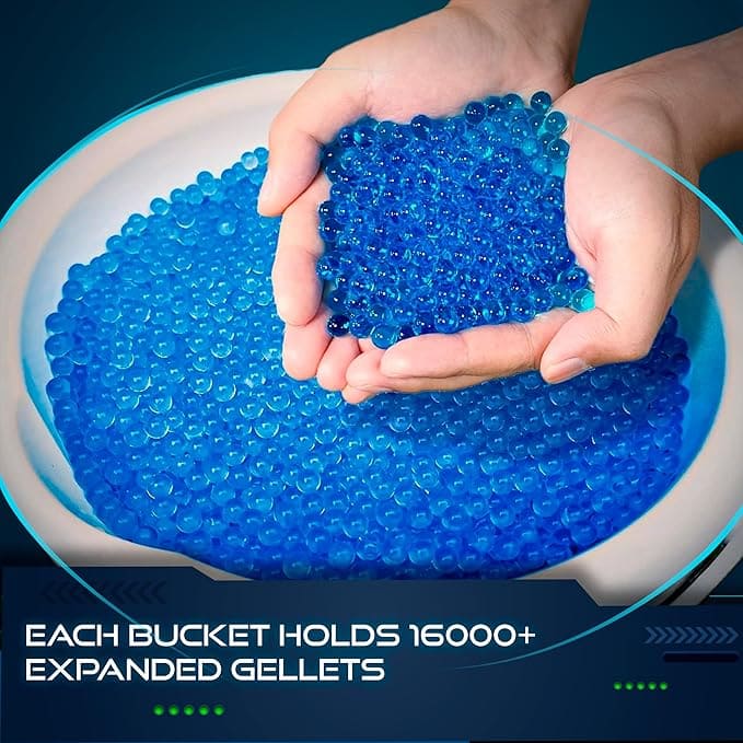 Blue gel beads held in hands with a text overlay on a blue background