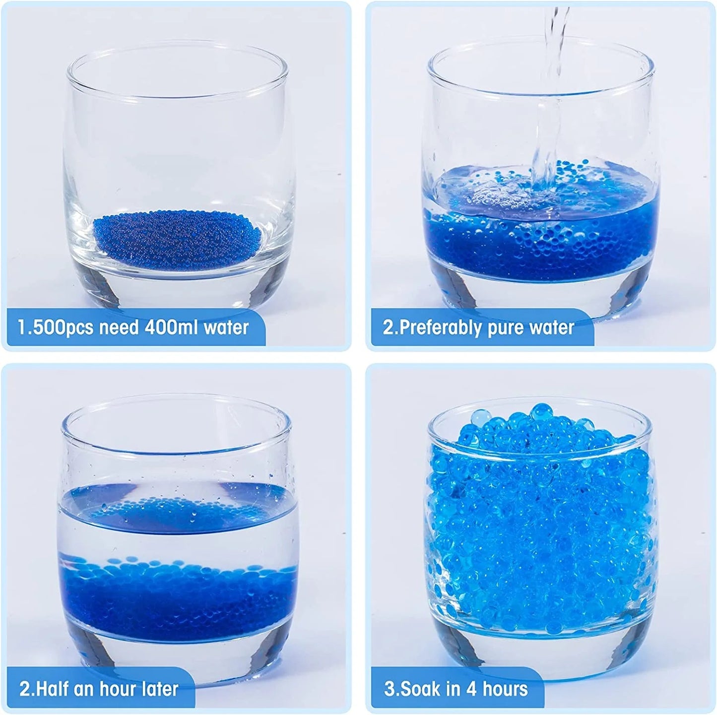 Step-by-step process of blue gel beads being added to water in a glass.