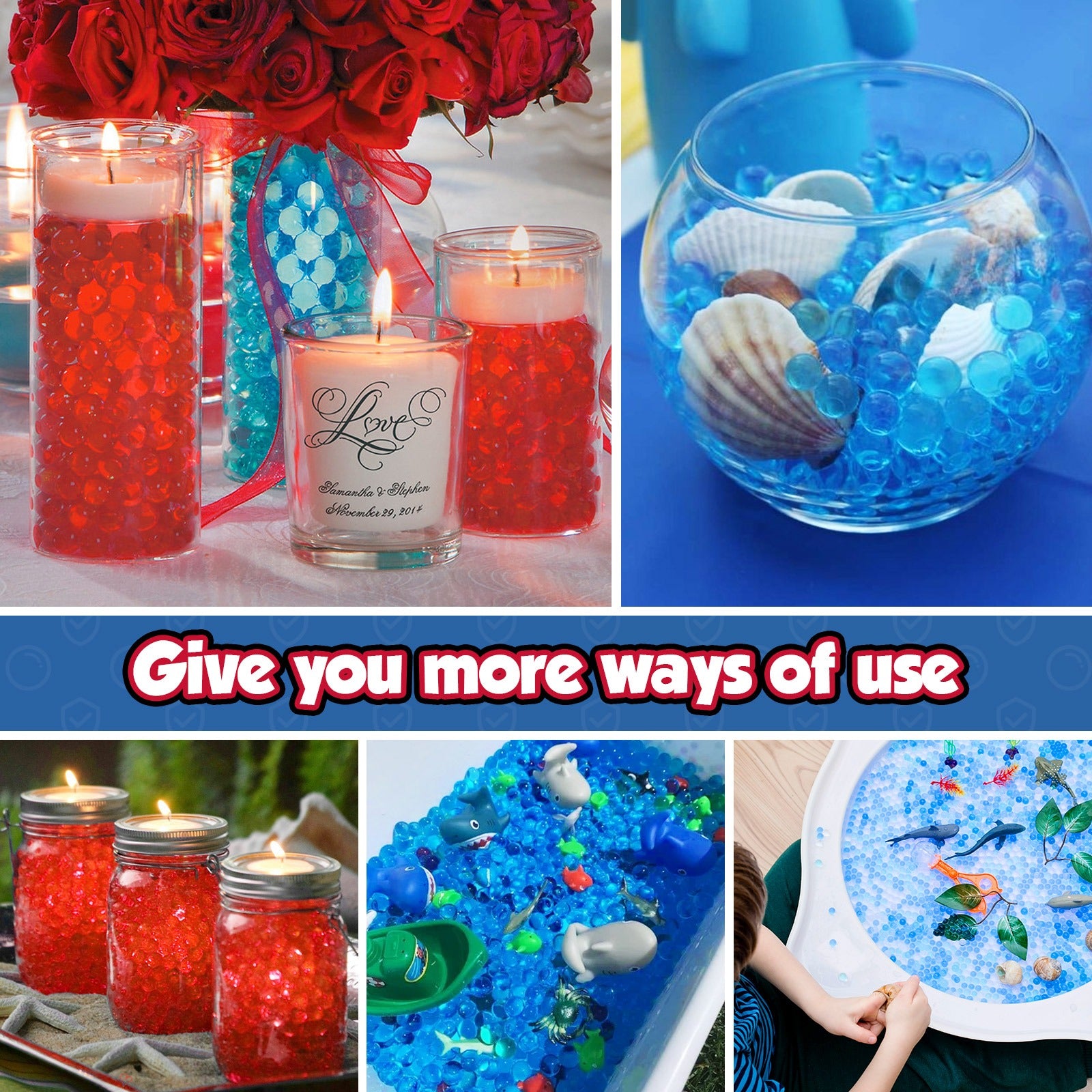 Collage of various uses for red and blue decorative items, including candles, water beads, and a sensory bin.